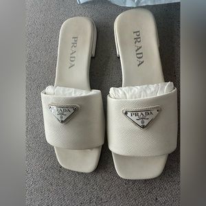 Prada Leather Slide Sandals, Size 7, White